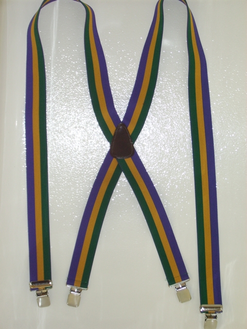 MULTI-COLOR STRIPES 1 1/2" in ASSORTED SIZES to fit 5'1" to 7' 1" heights. GREEN,GOLD AND PURPLE Suspenders with 4 strong 1"X1" Stainless Steel Grips and 2 Stainless Steel Length Adjusters in the front. Entirely Stretchable Cotton/Polyester hand washable and hang to dry material X-UB220N-MARD